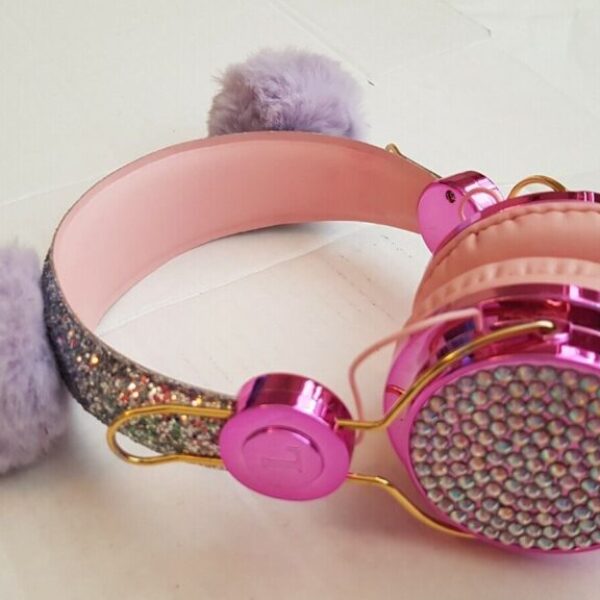 Children's Bluetooth Headphones Pink Sparkly Rhinestone Kids Headphones Pink